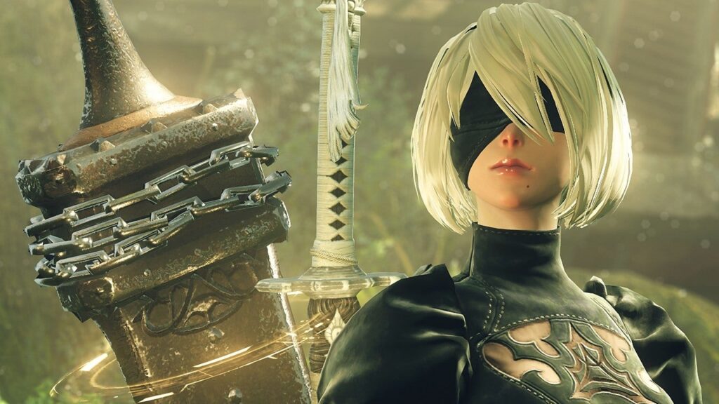 تصویر 2B در Nier: Automata که عقبنشینی میکند و دوربین را تغییر میدهد.